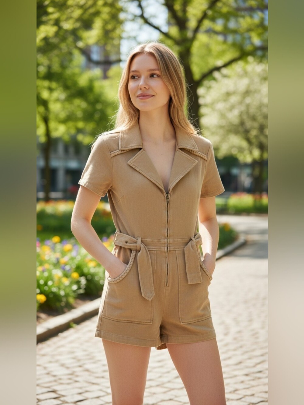 Tan Short-Sleeve Zip Romper